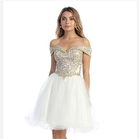 Elegant Gold and White short sequin bridal shower quinceañera Dress party event - Picture 1 of 6